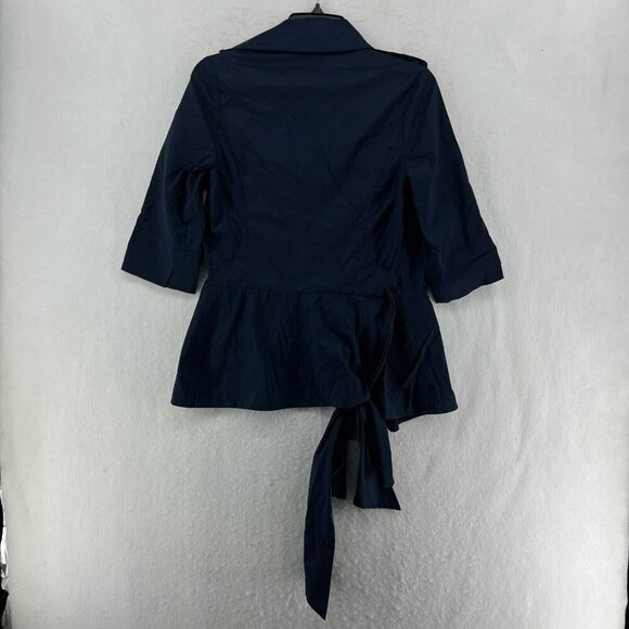 Diane Von Furstenberg Blazer Women's Sz 4 Navy Blue Tie Wrap Roll Tab 3/4 Sleeve - Picture 2 of 11